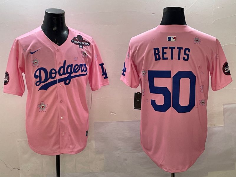 Men Los Angeles Dodgers #50 Betts Pink Sakura Edition 2025 Nike MLB Jersey style 3